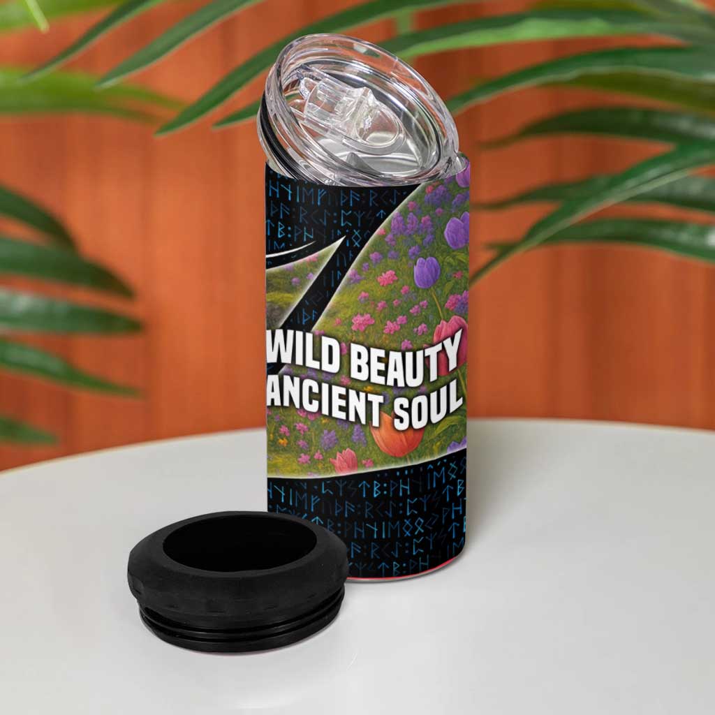 Faroe Islands 4 in 1 Can Cooler Tumbler with Waterfall Nature Scene and Rune Pattern Design - Wonder Print Shop