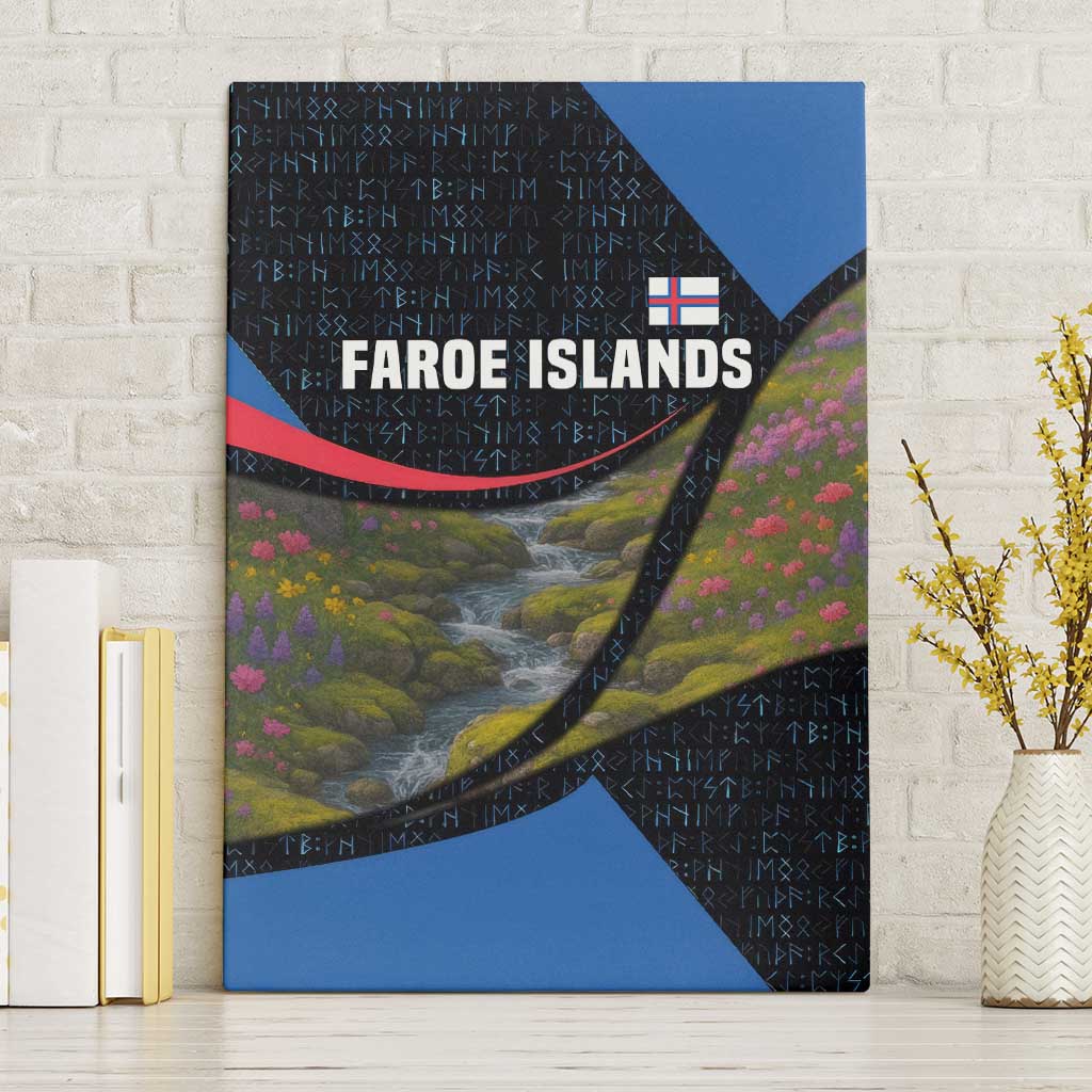 Faroe Islands Canvas Wall Art with Waterfall Nature Scene and Rune Pattern Design - Wonder Print Shop