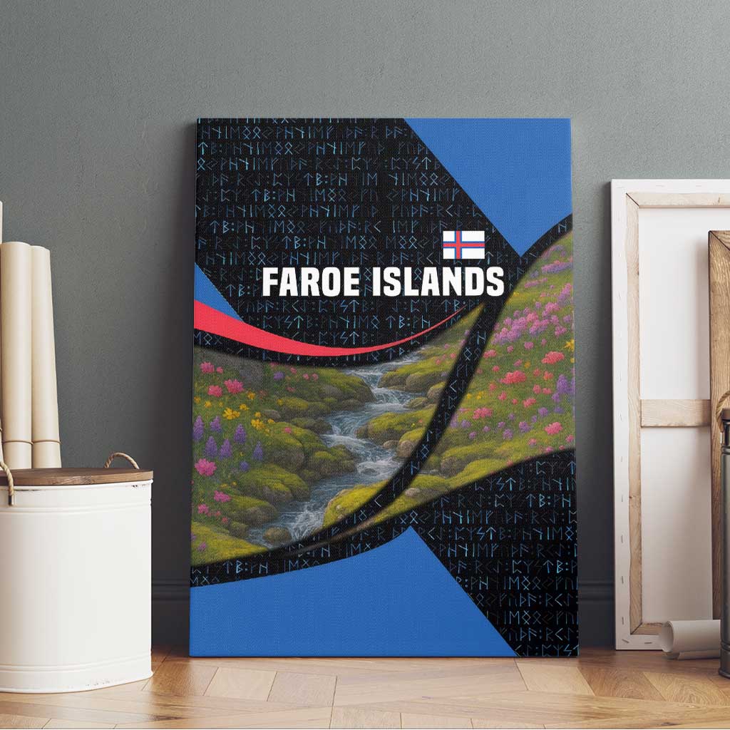 Faroe Islands Canvas Wall Art with Waterfall Nature Scene and Rune Pattern Design - Wonder Print Shop