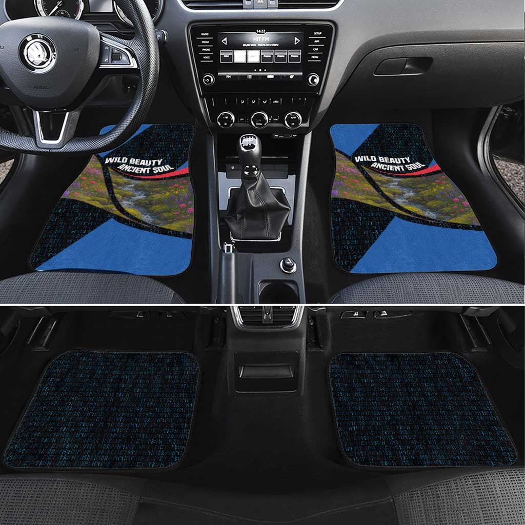 Faroe Islands Car Mats with Waterfall Nature Scene and Rune Pattern Design - Wonder Print Shop