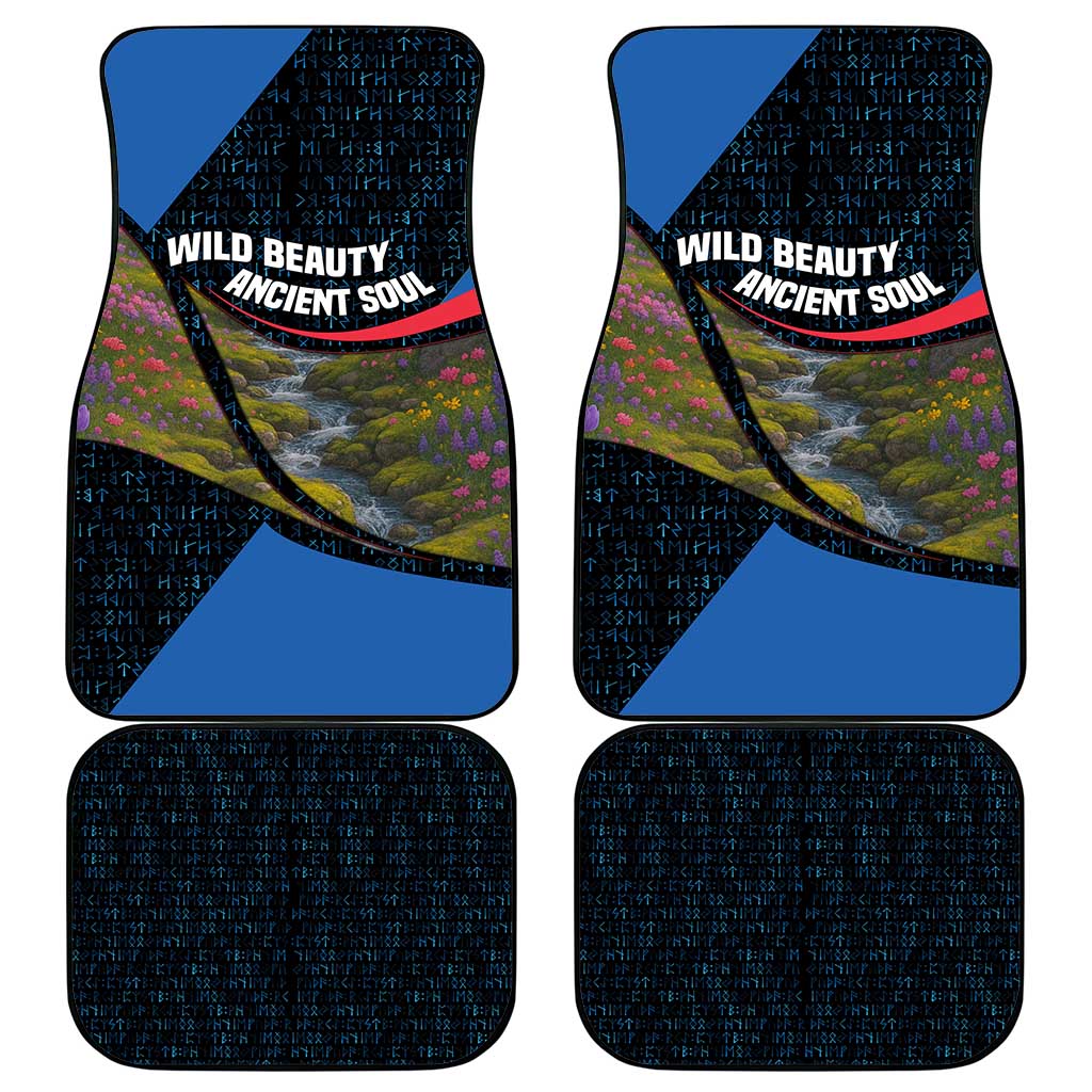 Faroe Islands Car Mats with Waterfall Nature Scene and Rune Pattern Design - Wonder Print Shop