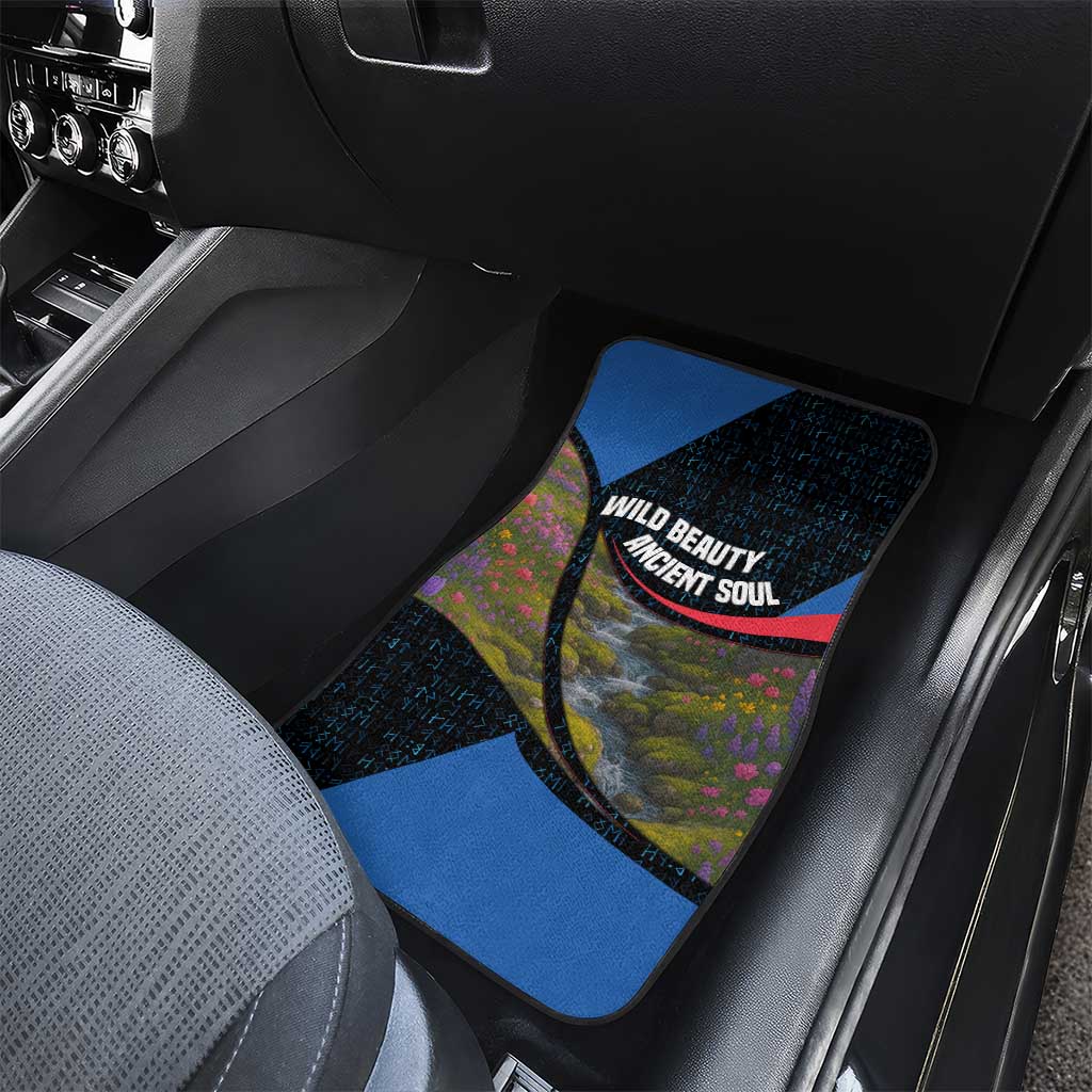 Faroe Islands Car Mats with Waterfall Nature Scene and Rune Pattern Design - Wonder Print Shop