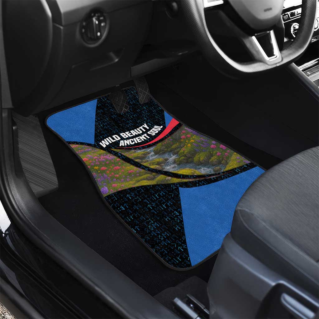 Faroe Islands Car Mats with Waterfall Nature Scene and Rune Pattern Design - Wonder Print Shop