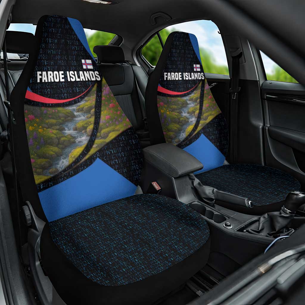 Faroe Islands Car Seat Cover with Waterfall Nature Scene and Rune Pattern Design - Wonder Print Shop