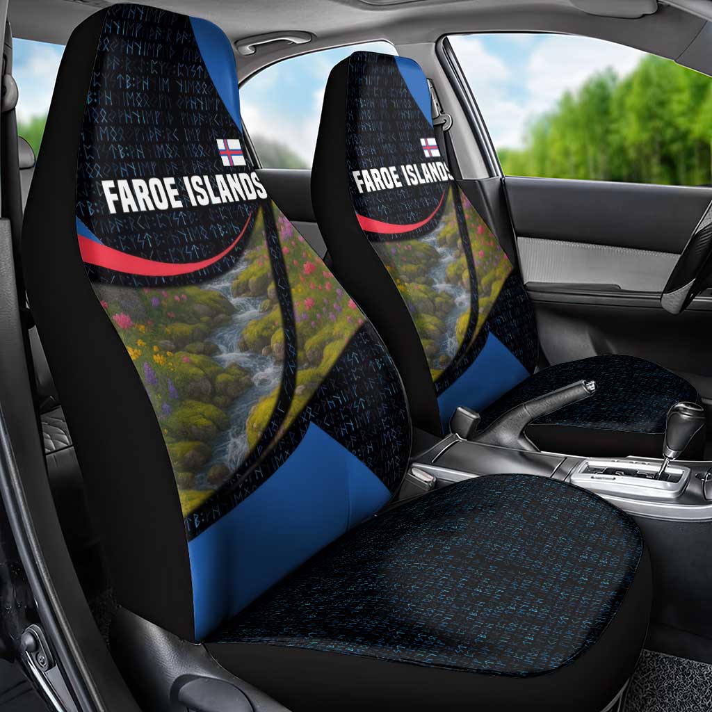 Faroe Islands Car Seat Cover with Waterfall Nature Scene and Rune Pattern Design - Wonder Print Shop
