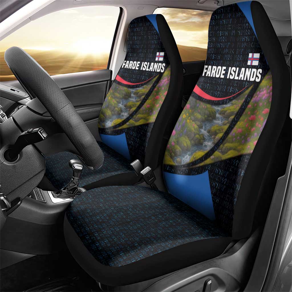 Faroe Islands Car Seat Cover with Waterfall Nature Scene and Rune Pattern Design - Wonder Print Shop