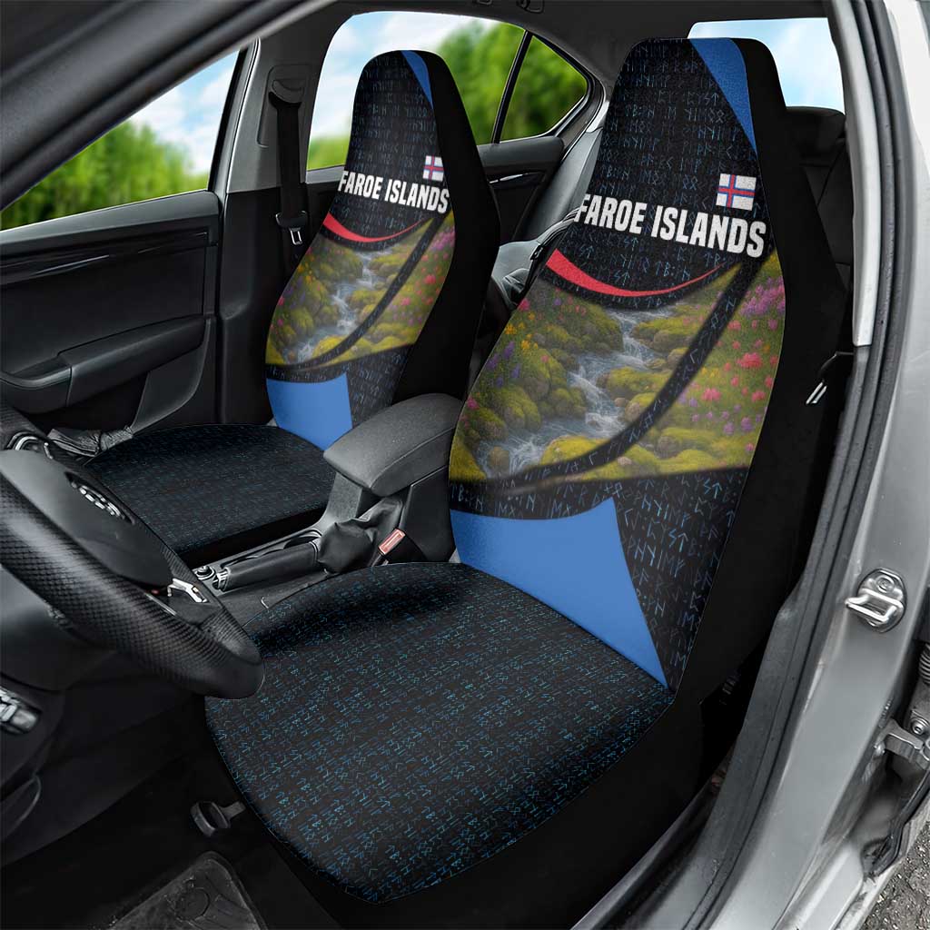 Faroe Islands Car Seat Cover with Waterfall Nature Scene and Rune Pattern Design - Wonder Print Shop