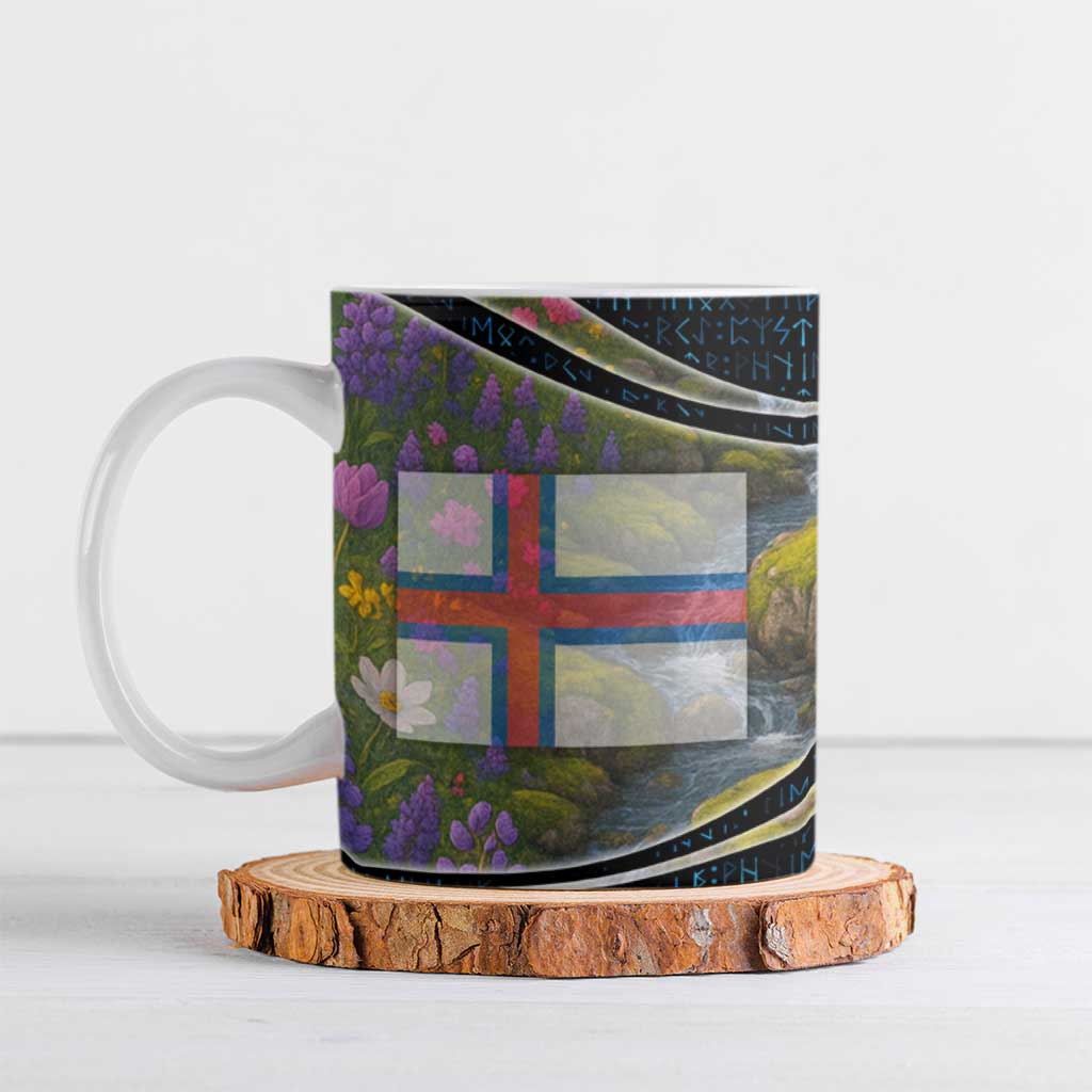 Faroe Islands Ceramic Mug with Waterfall Nature Scene and Rune Pattern Design - Wonder Print Shop