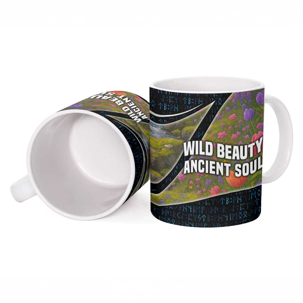 Faroe Islands Ceramic Mug with Waterfall Nature Scene and Rune Pattern Design - Wonder Print Shop