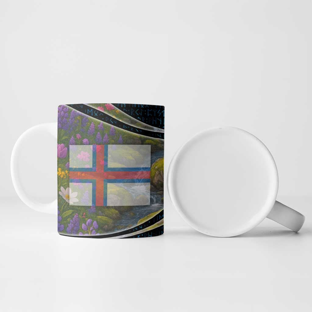 Faroe Islands Ceramic Mug with Waterfall Nature Scene and Rune Pattern Design - Wonder Print Shop