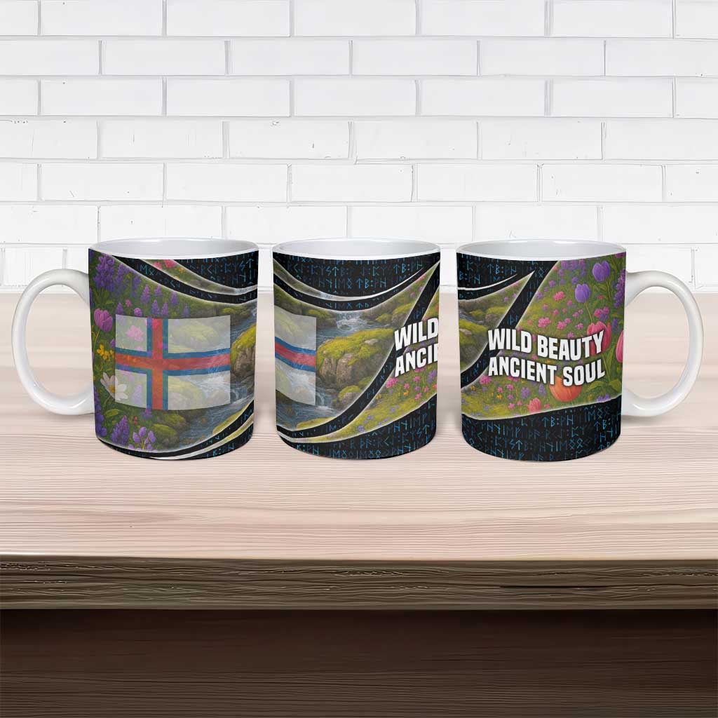 Faroe Islands Ceramic Mug with Waterfall Nature Scene and Rune Pattern Design - Wonder Print Shop