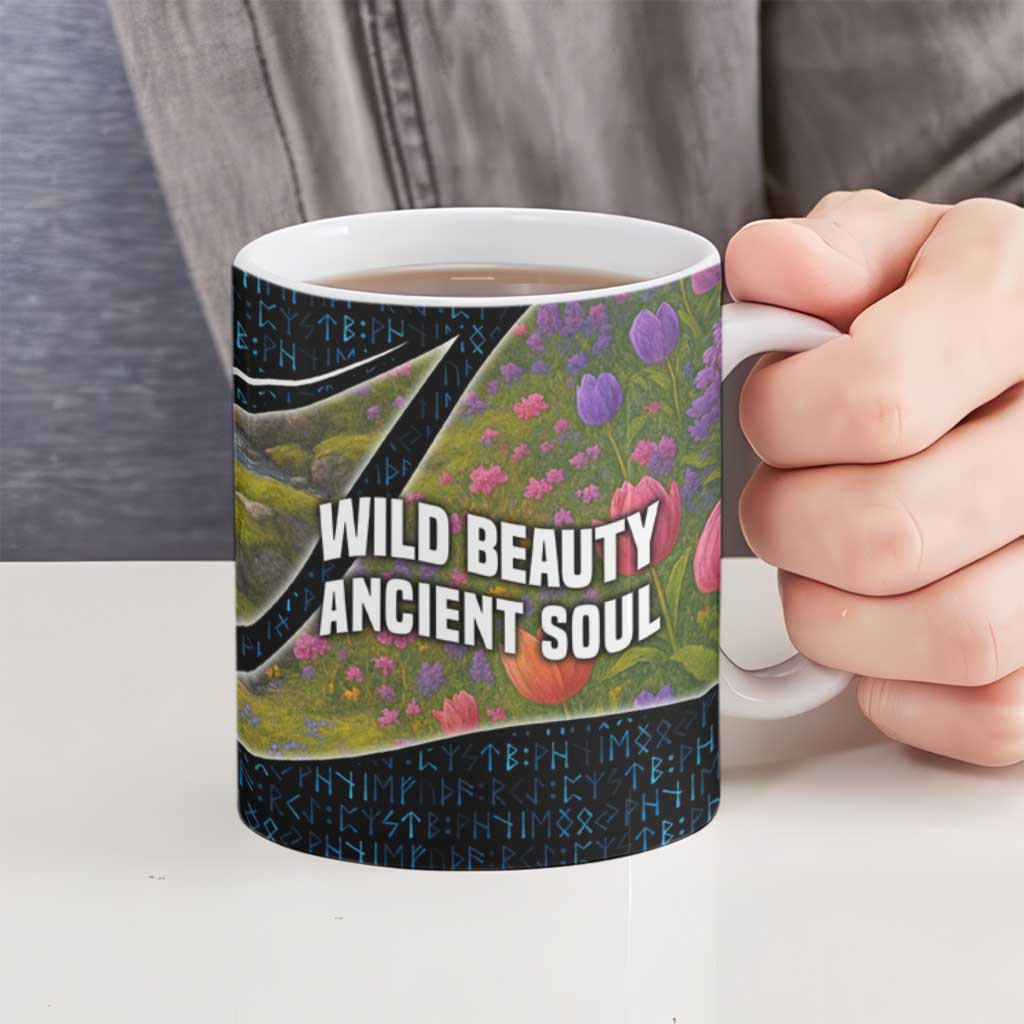 Faroe Islands Ceramic Mug with Waterfall Nature Scene and Rune Pattern Design - Wonder Print Shop