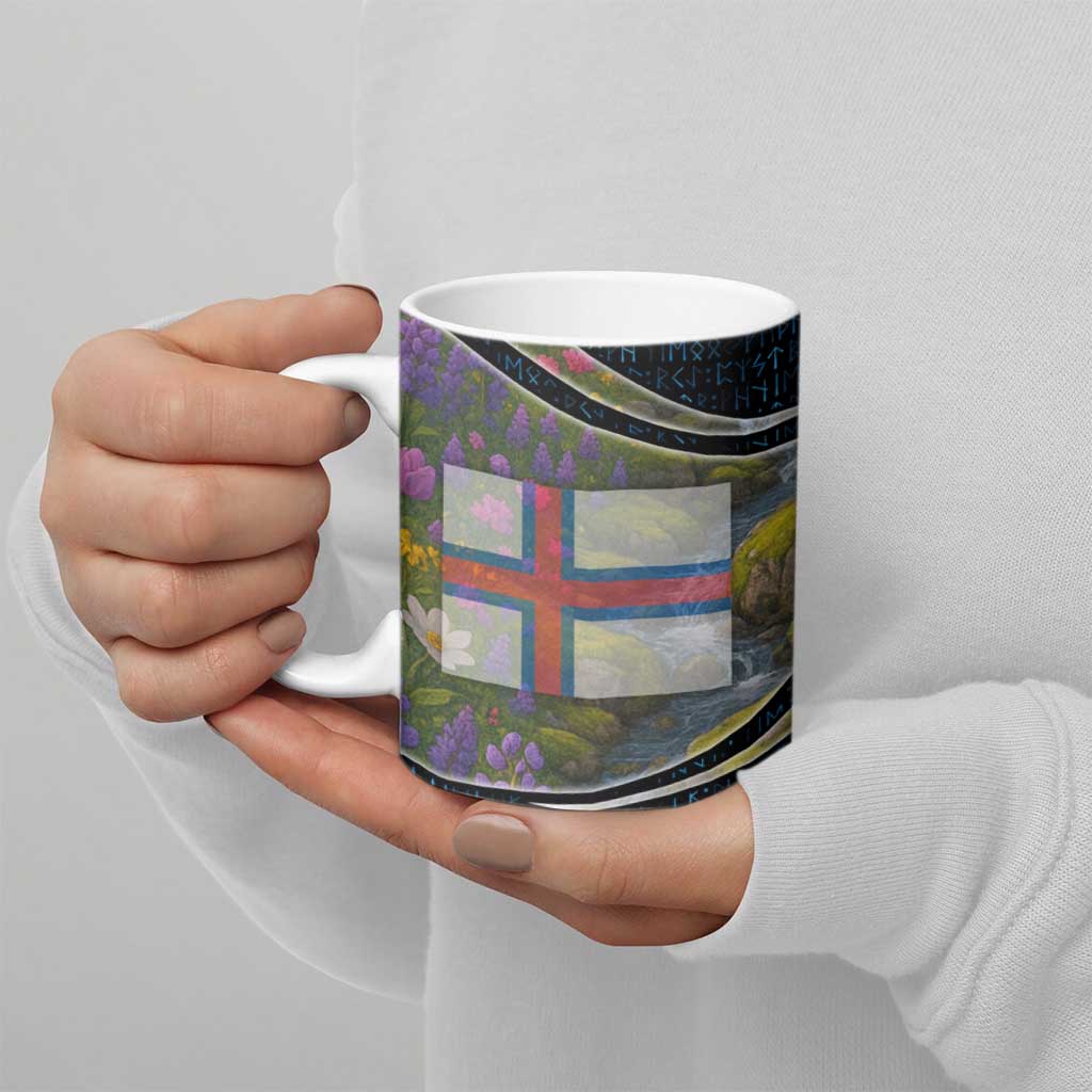 Faroe Islands Ceramic Mug with Waterfall Nature Scene and Rune Pattern Design - Wonder Print Shop