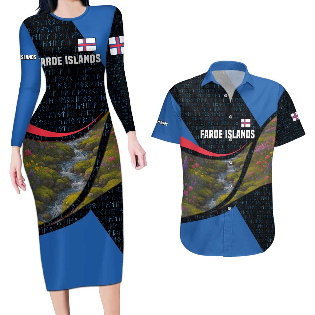 Faroe Islands Couples Matching Long Sleeve Bodycon Dress and Hawaiian Shirt with Waterfall Nature Scene and Rune Pattern Design - Wonder Print Shop