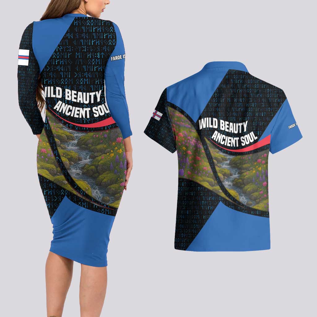 Faroe Islands Couples Matching Long Sleeve Bodycon Dress and Hawaiian Shirt with Waterfall Nature Scene and Rune Pattern Design - Wonder Print Shop