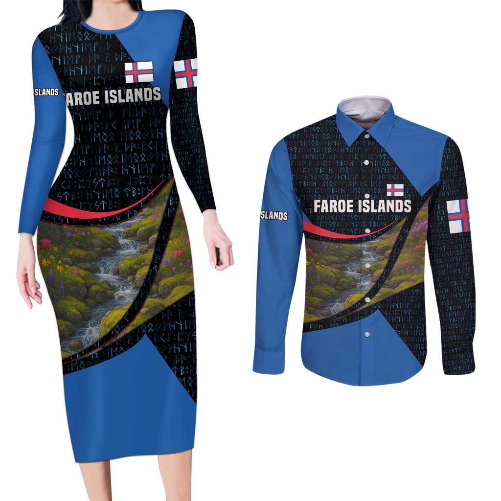Faroe Islands Couples Matching Long Sleeve Bodycon Dress and Long Sleeve Button Shirt with Waterfall Nature Scene and Rune Pattern Design - Wonder Print Shop