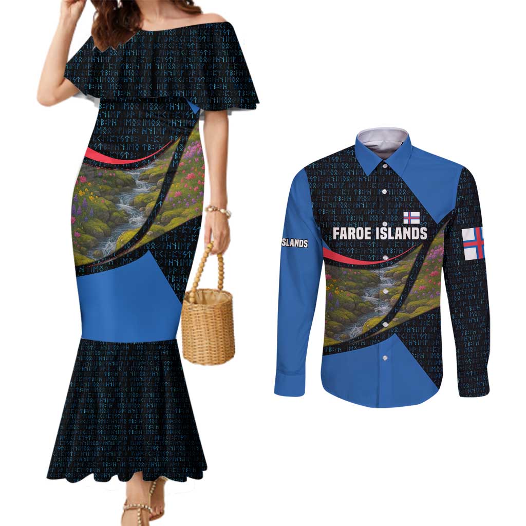 Faroe Islands Couples Matching Mermaid Dress and Long Sleeve Button Shirt with Waterfall Nature Scene and Rune Pattern Design - Wonder Print Shop
