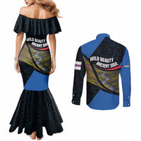 Faroe Islands Couples Matching Mermaid Dress and Long Sleeve Button Shirt with Waterfall Nature Scene and Rune Pattern Design - Wonder Print Shop