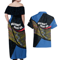 Faroe Islands Couples Matching Off Shoulder Maxi Dress and Hawaiian Shirt with Waterfall Nature Scene and Rune Pattern Design - Wonder Print Shop