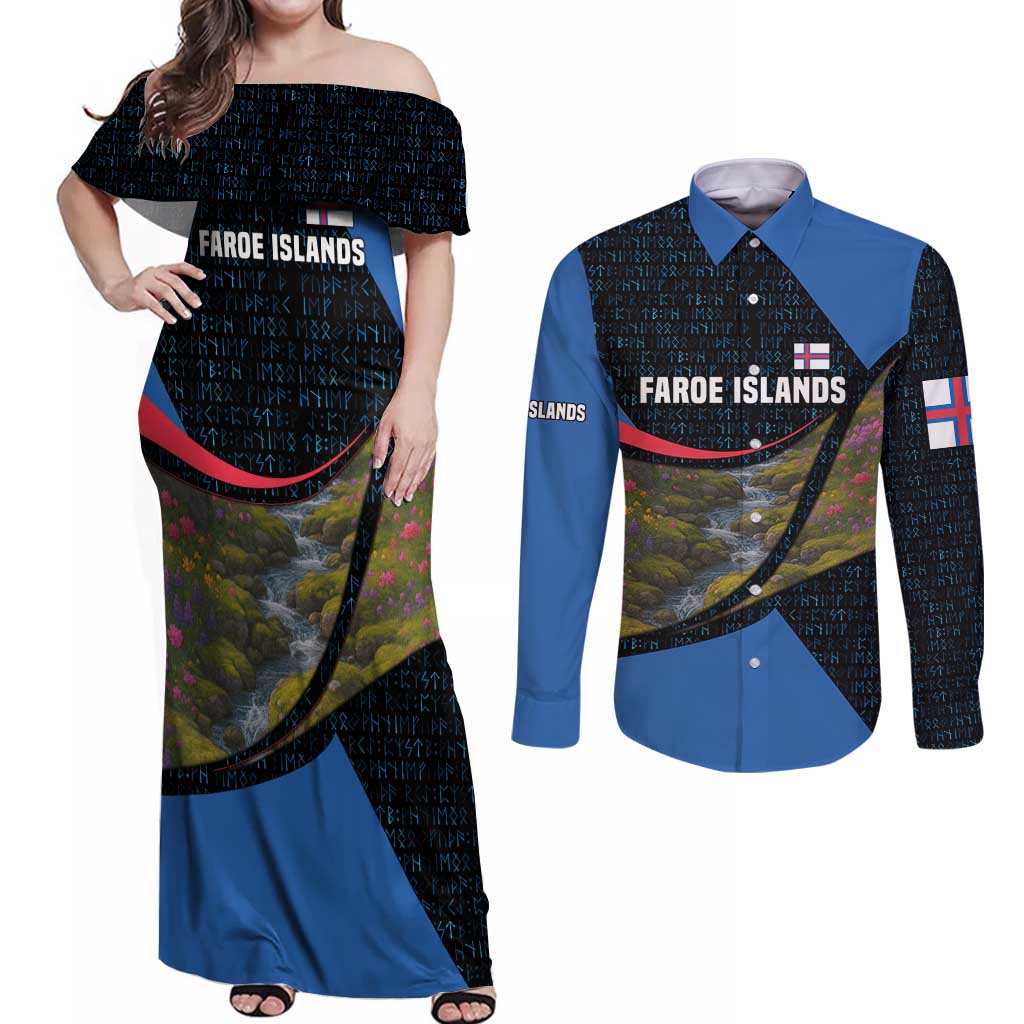 Faroe Islands Couples Matching Off Shoulder Maxi Dress and Long Sleeve Button Shirt with Waterfall Nature Scene and Rune Pattern Design - Wonder Print Shop
