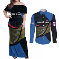 Faroe Islands Couples Matching Off Shoulder Maxi Dress and Long Sleeve Button Shirt with Waterfall Nature Scene and Rune Pattern Design - Wonder Print Shop