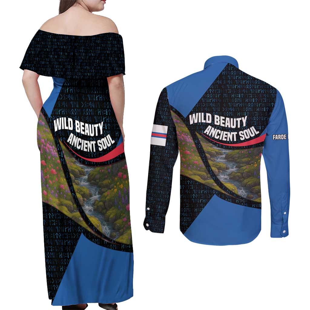 Faroe Islands Couples Matching Off Shoulder Maxi Dress and Long Sleeve Button Shirt with Waterfall Nature Scene and Rune Pattern Design - Wonder Print Shop