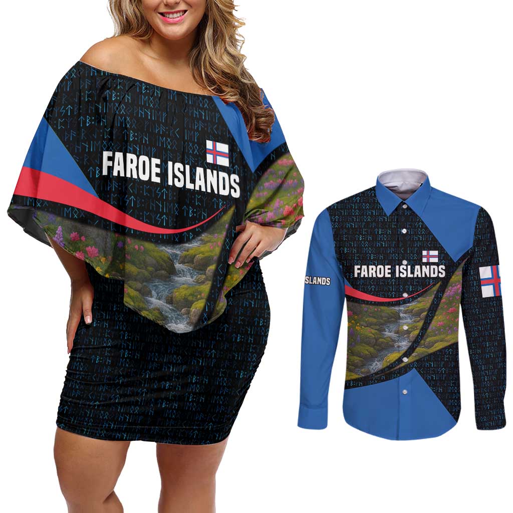 Faroe Islands Couples Matching Off Shoulder Short Dress and Long Sleeve Button Shirt with Waterfall Nature Scene and Rune Pattern Design - Wonder Print Shop