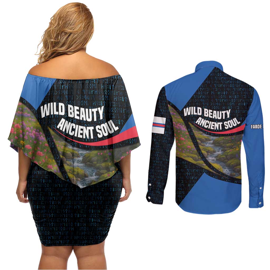 Faroe Islands Couples Matching Off Shoulder Short Dress and Long Sleeve Button Shirt with Waterfall Nature Scene and Rune Pattern Design - Wonder Print Shop