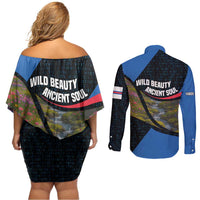 Faroe Islands Couples Matching Off Shoulder Short Dress and Long Sleeve Button Shirt with Waterfall Nature Scene and Rune Pattern Design - Wonder Print Shop