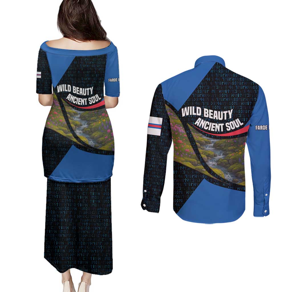 Faroe Islands Couples Matching Puletasi and Long Sleeve Button Shirt with Waterfall Nature Scene and Rune Pattern Design - Wonder Print Shop