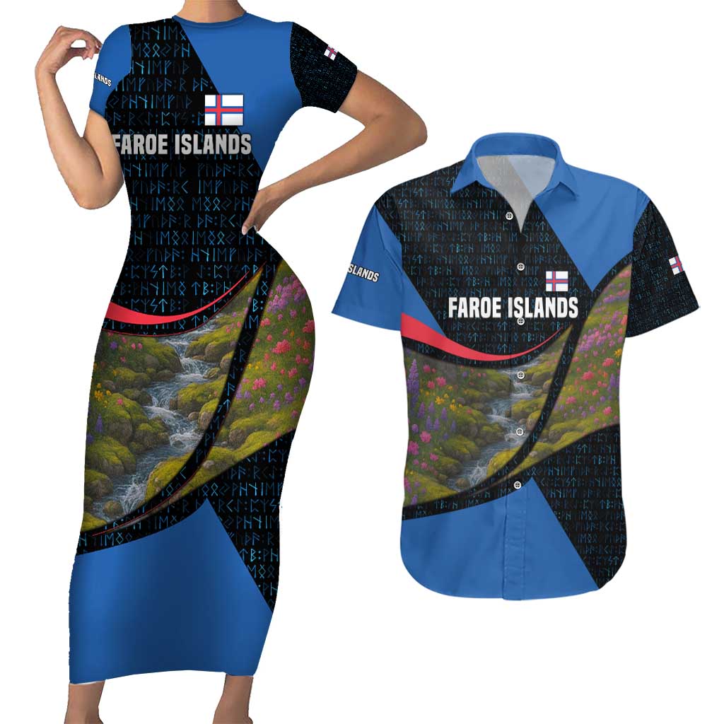 Faroe Islands Couples Matching Short Sleeve Bodycon Dress and Hawaiian Shirt with Waterfall Nature Scene and Rune Pattern Design - Wonder Print Shop