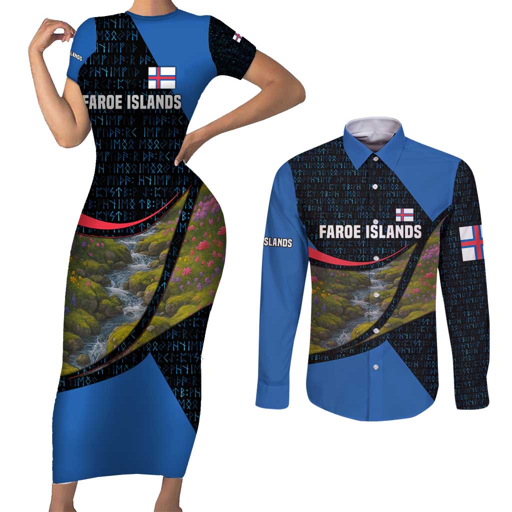 Faroe Islands Couples Matching Short Sleeve Bodycon Dress and Long Sleeve Button Shirt with Waterfall Nature Scene and Rune Pattern Design - Wonder Print Shop