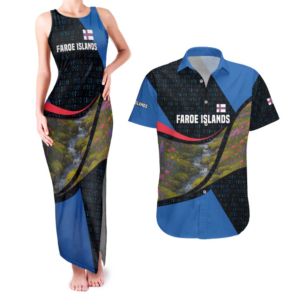 Faroe Islands Couples Matching Tank Maxi Dress and Hawaiian Shirt with Waterfall Nature Scene and Rune Pattern Design - Wonder Print Shop