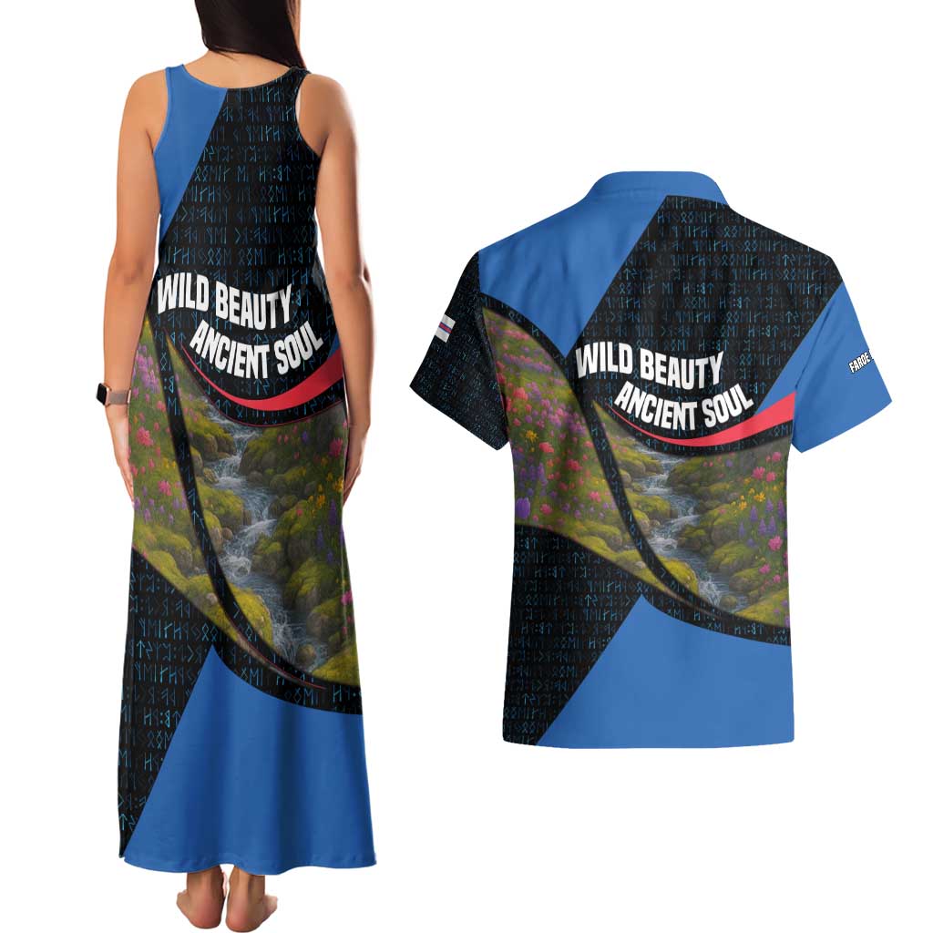 Faroe Islands Couples Matching Tank Maxi Dress and Hawaiian Shirt with Waterfall Nature Scene and Rune Pattern Design - Wonder Print Shop