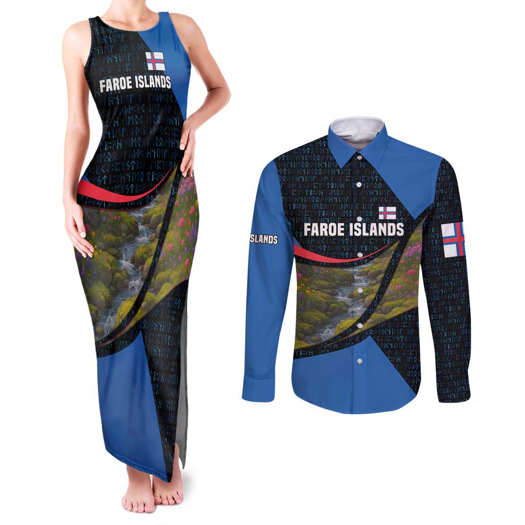 Faroe Islands Couples Matching Tank Maxi Dress and Long Sleeve Button Shirt with Waterfall Nature Scene and Rune Pattern Design - Wonder Print Shop