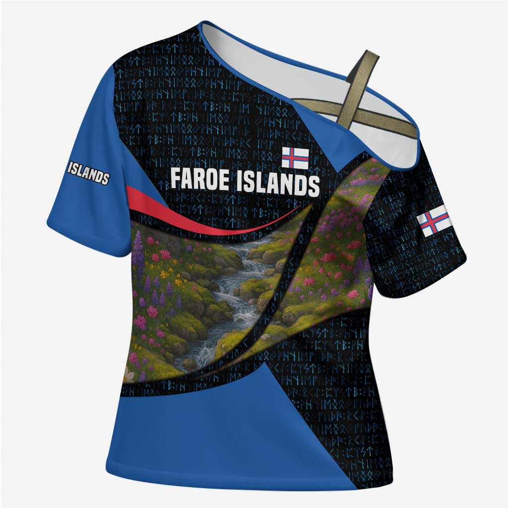 Faroe Islands Cross Shoulder Shirt with Waterfall Nature Scene and Rune Pattern Design - Wonder Print Shop