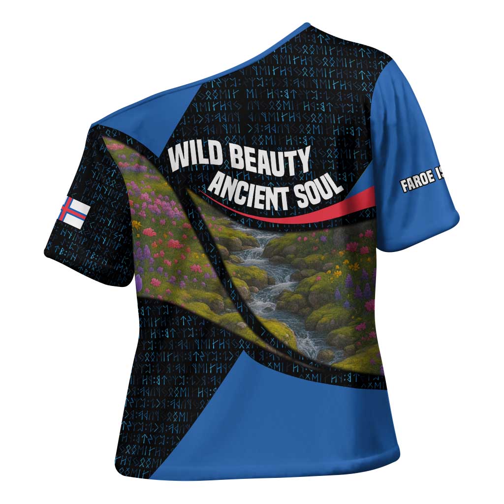 Faroe Islands Cross Shoulder Shirt with Waterfall Nature Scene and Rune Pattern Design - Wonder Print Shop