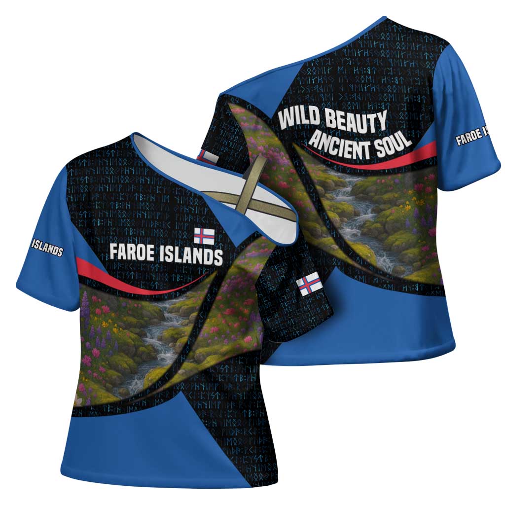 Faroe Islands Cross Shoulder Shirt with Waterfall Nature Scene and Rune Pattern Design - Wonder Print Shop