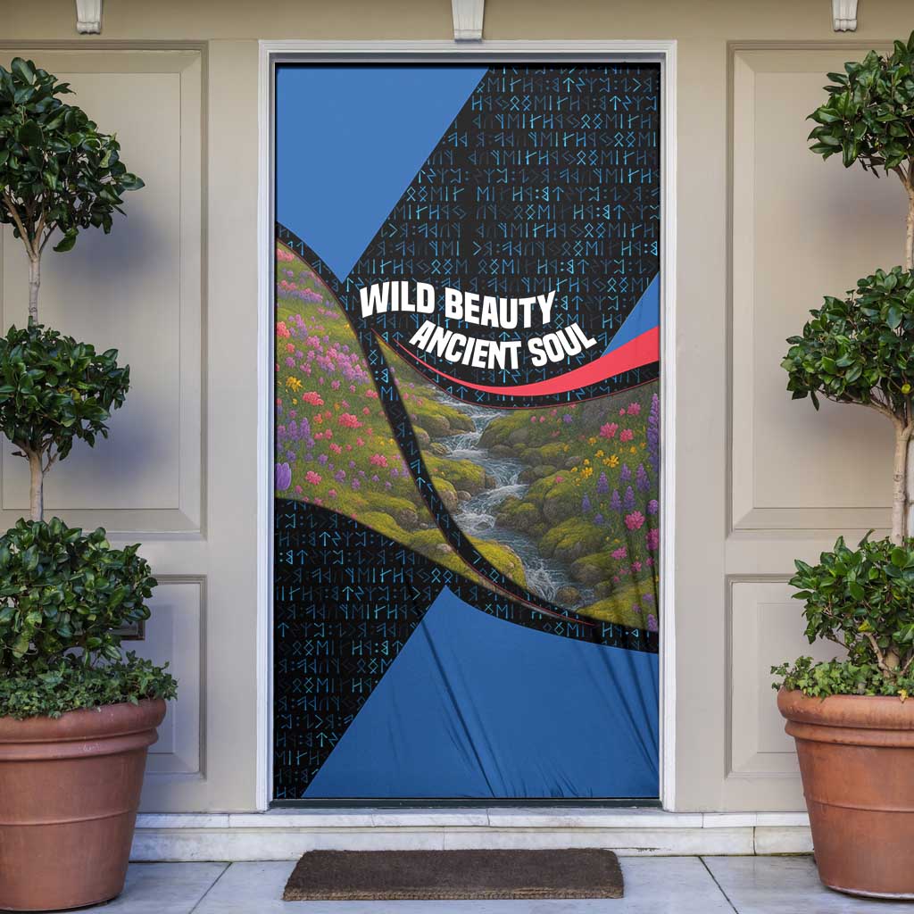 Faroe Islands Door Cover with Waterfall Nature Scene and Rune Pattern Design - Wonder Print Shop