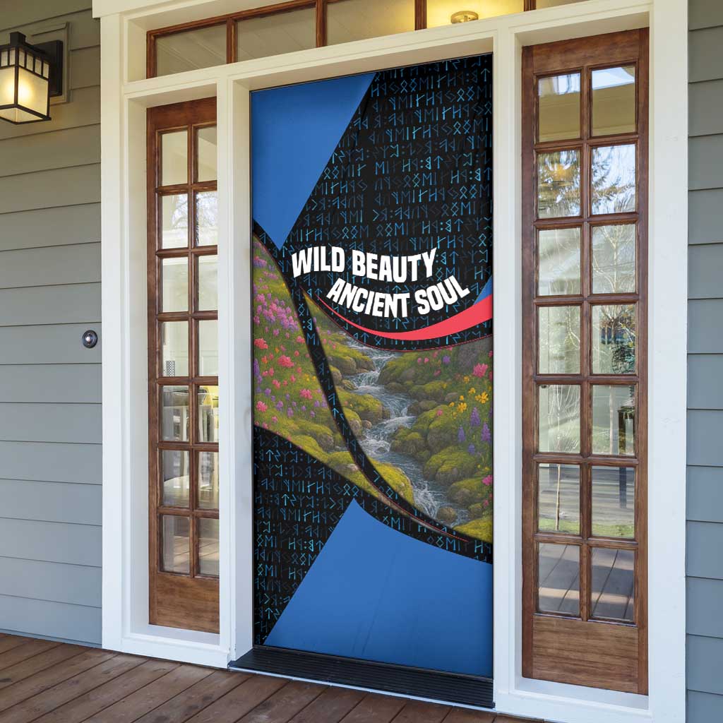 Faroe Islands Door Cover with Waterfall Nature Scene and Rune Pattern Design - Wonder Print Shop