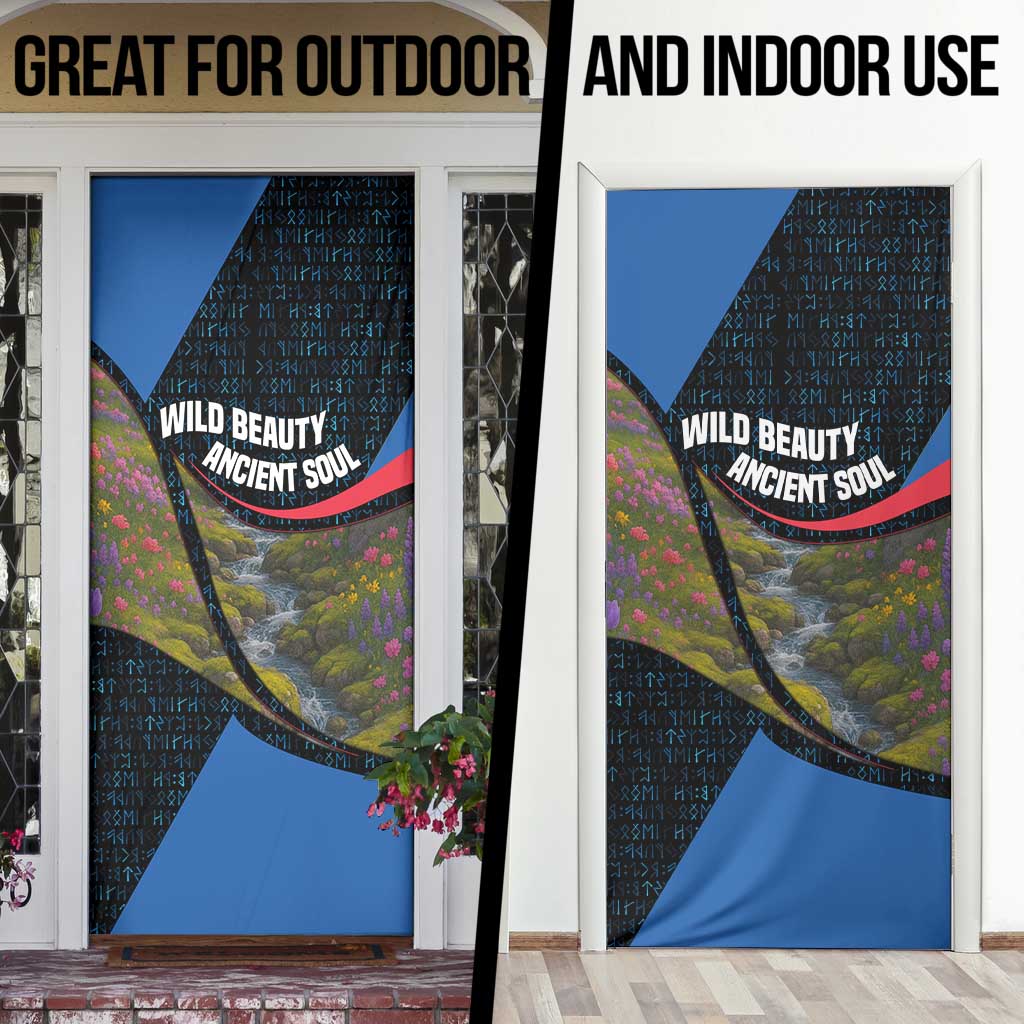 Faroe Islands Door Cover with Waterfall Nature Scene and Rune Pattern Design - Wonder Print Shop