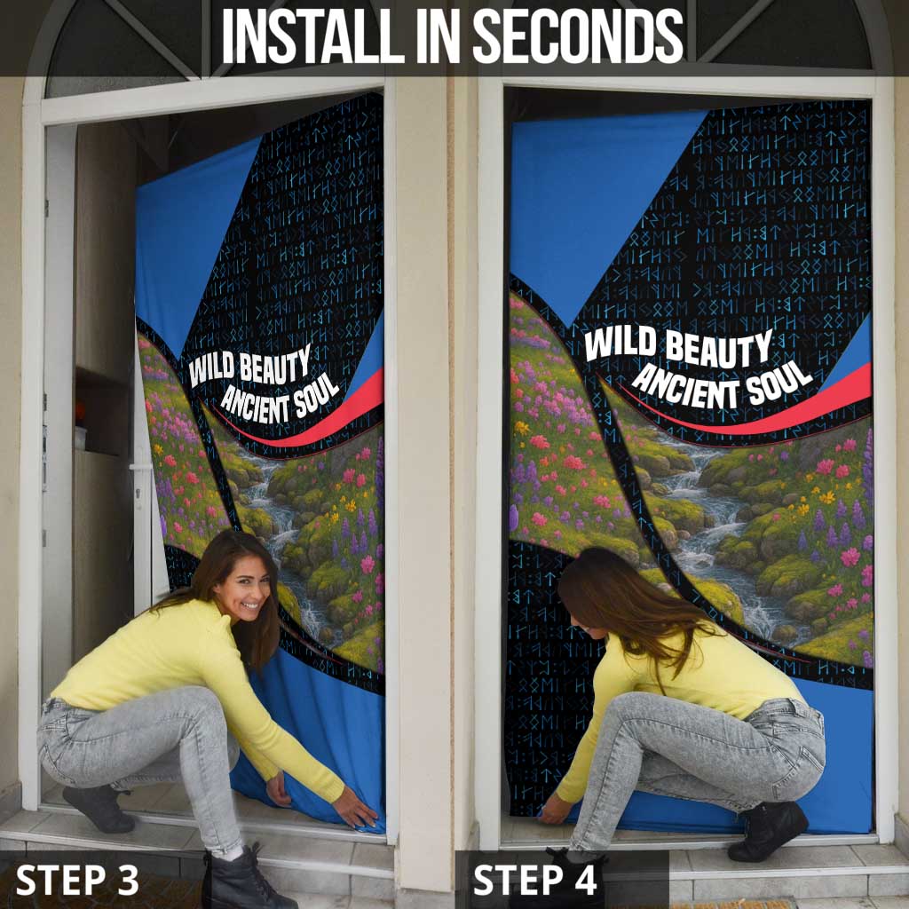 Faroe Islands Door Cover with Waterfall Nature Scene and Rune Pattern Design - Wonder Print Shop