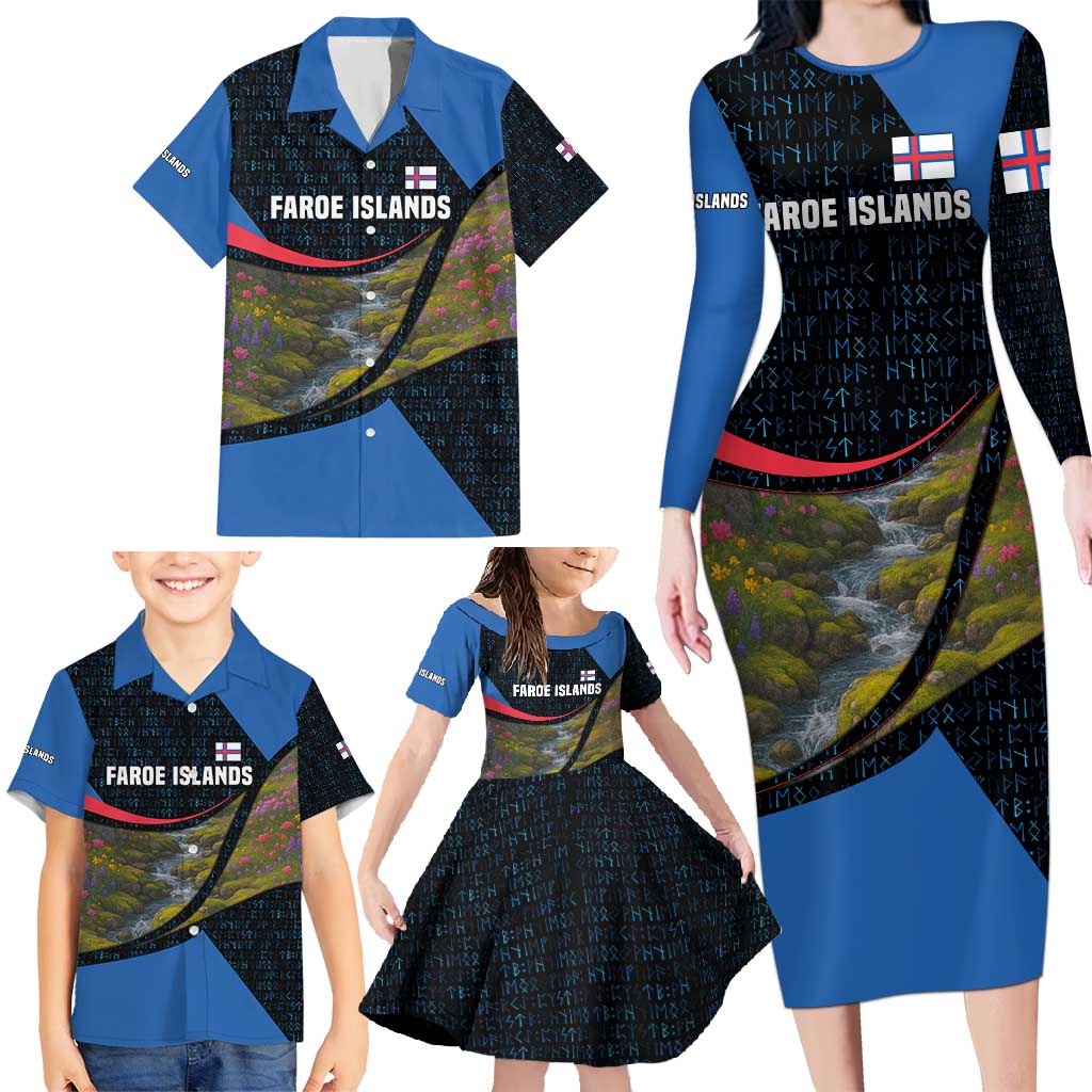 Faroe Islands Family Matching Long Sleeve Bodycon Dress and Hawaiian Shirt with Waterfall Nature Scene and Rune Pattern Design - Wonder Print Shop