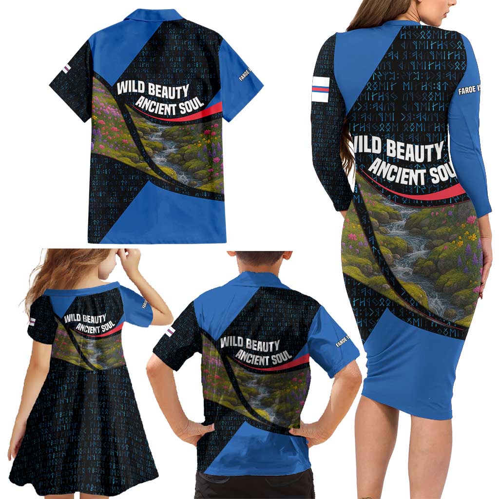 Faroe Islands Family Matching Long Sleeve Bodycon Dress and Hawaiian Shirt with Waterfall Nature Scene and Rune Pattern Design - Wonder Print Shop