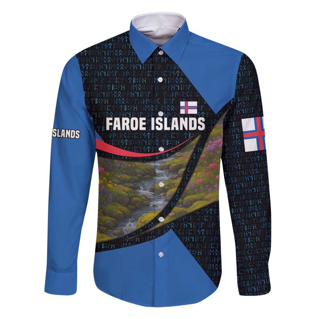 Faroe Islands Family Matching Long Sleeve Bodycon Dress and Hawaiian Shirt with Waterfall Nature Scene and Rune Pattern Design - Wonder Print Shop