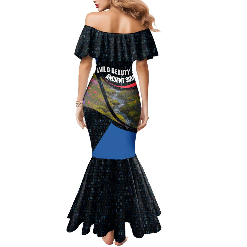 Faroe Islands Family Matching Mermaid Dress and Hawaiian Shirt with Waterfall Nature Scene and Rune Pattern Design - Wonder Print Shop