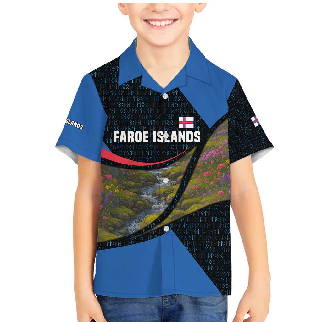 Faroe Islands Family Matching Mermaid Dress and Hawaiian Shirt with Waterfall Nature Scene and Rune Pattern Design - Wonder Print Shop