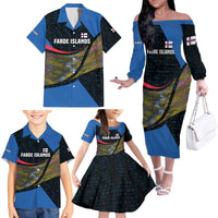 Faroe Islands Family Matching Off The Shoulder Long Sleeve Dress and Hawaiian Shirt with Waterfall Nature Scene and Rune Pattern Design - Wonder Print Shop