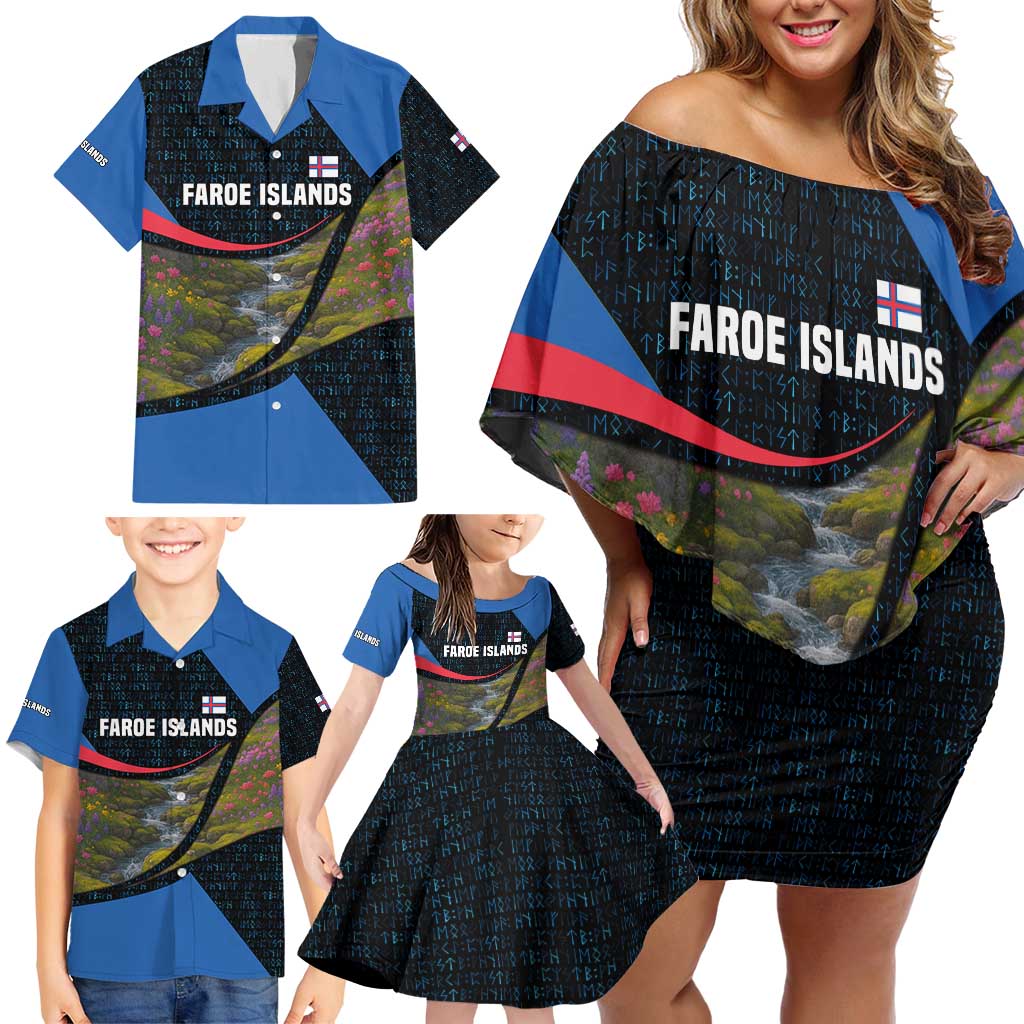 Faroe Islands Family Matching Off Shoulder Short Dress and Hawaiian Shirt with Waterfall Nature Scene and Rune Pattern Design - Wonder Print Shop