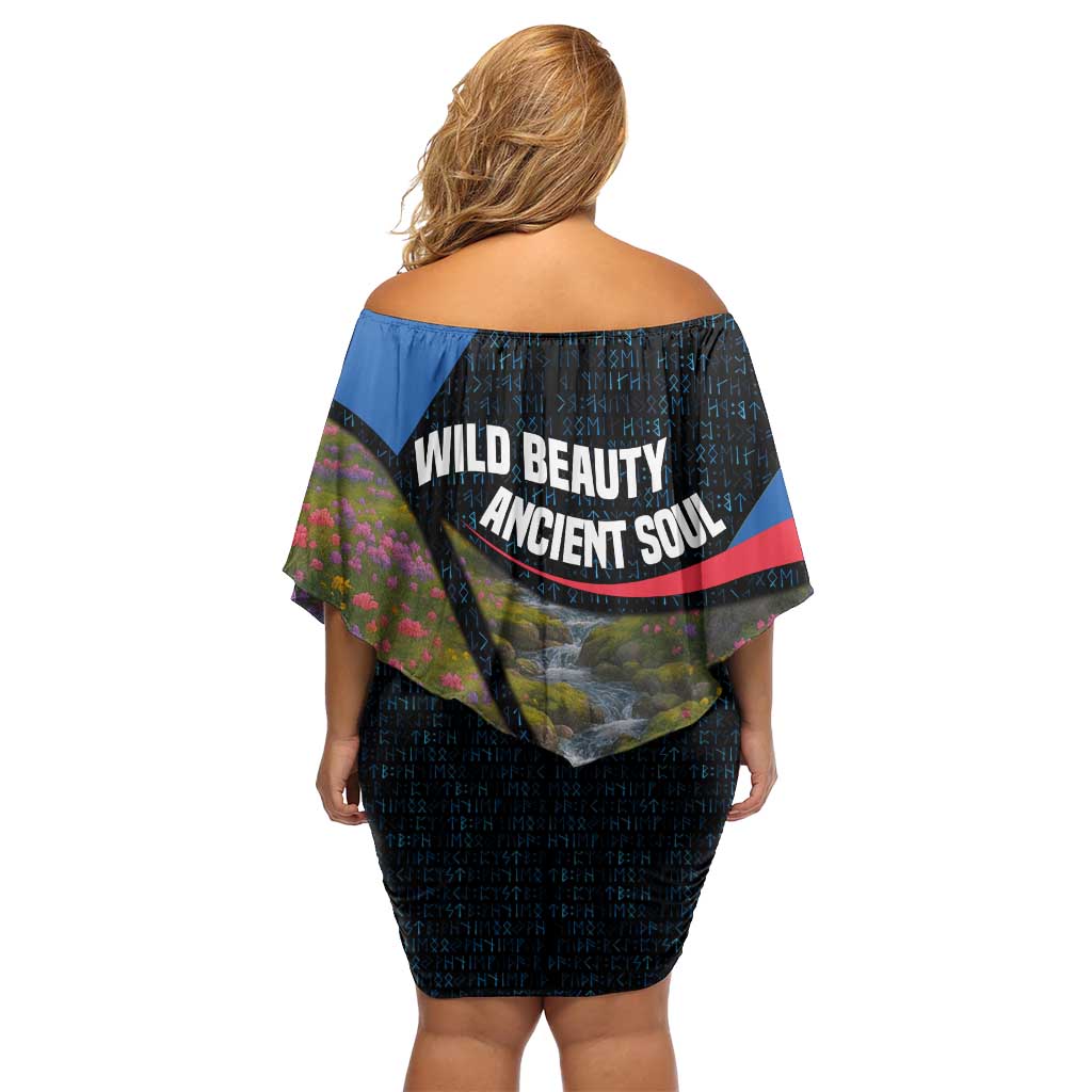 Faroe Islands Family Matching Off Shoulder Short Dress and Hawaiian Shirt with Waterfall Nature Scene and Rune Pattern Design - Wonder Print Shop